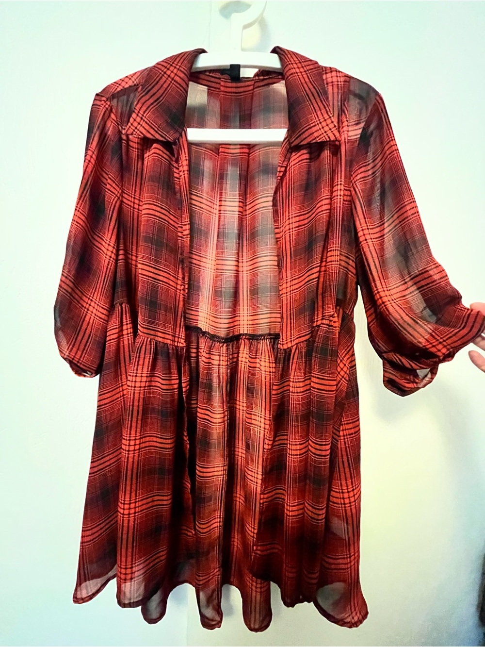 torrid Red and Black Plaid Sheer Longline Shirt